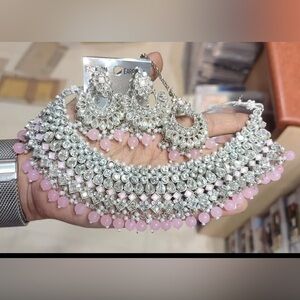 Indian Bollywood gold plated Kunda choker bridal necklace earrings jewelry set